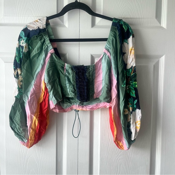 Farm Rio Striped/Floral Puff Sleeve Crop Top Size Medium - Picture 1 of 6